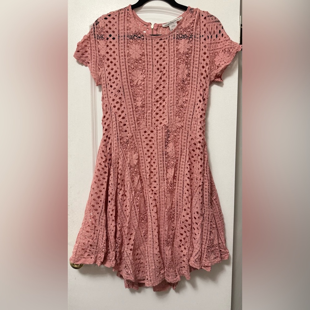 American Rag Dusty Rose Crochet Fit-and-Flare Mini Dress